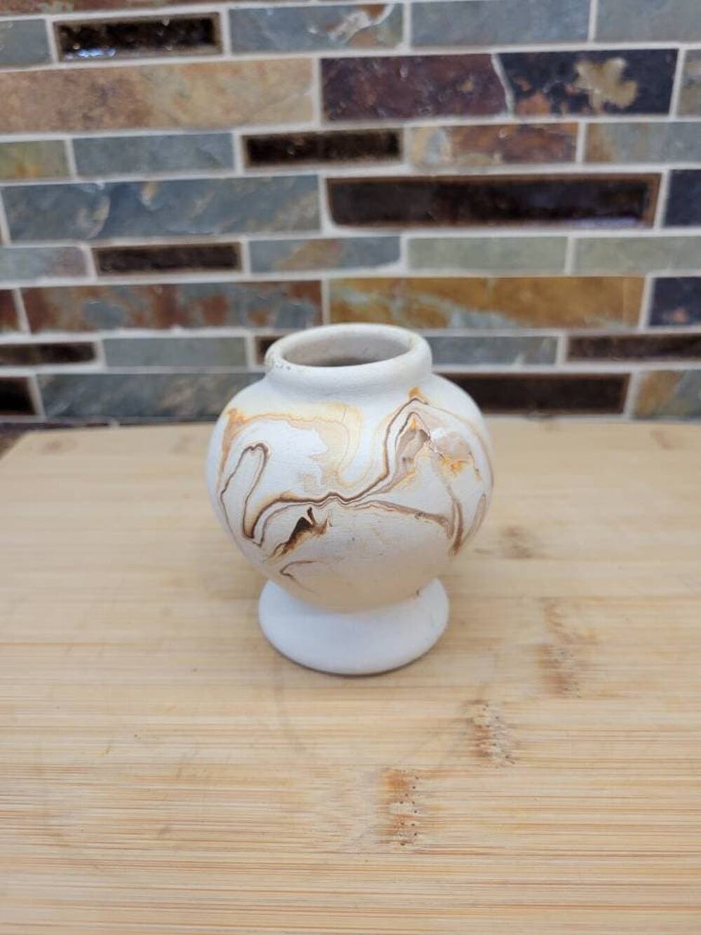 Vintage Nemadji Pottery Vase 3.5” Orange Brown Swirl Matte Marbled Clay Decor